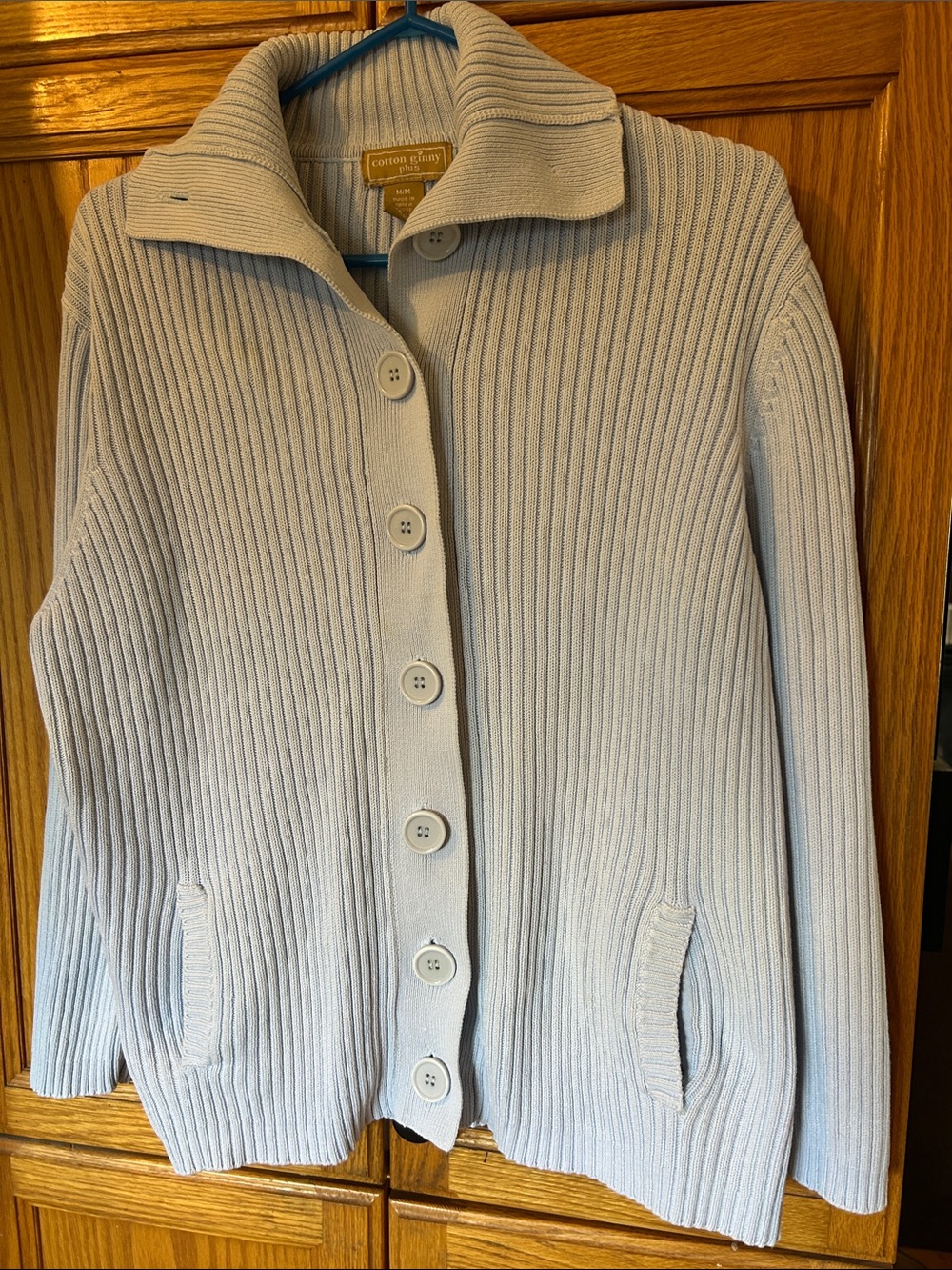 Vintage Light Blue Ribbed Button-Up Cardigan with Stand Collar Cotton Ginny Plus
